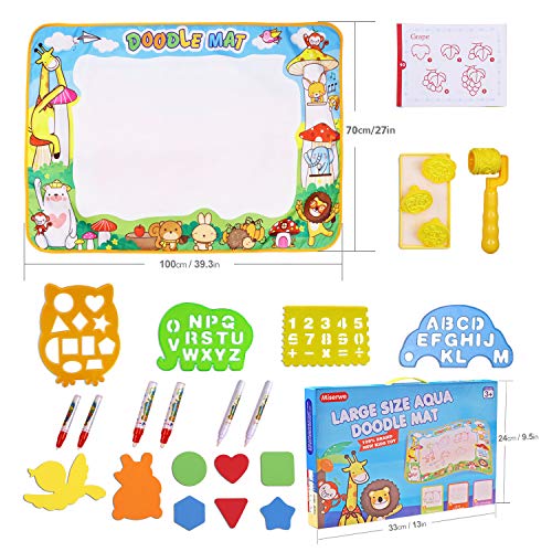 Miserwe Large Aqua Doodle Mat Water Writing Doodle Drawing Mat Neon Colors Board, with 25 Pack Drawing Accessories for Kids Toys Toddlers Educational Girls Boys Size 39.3" X 27.5"