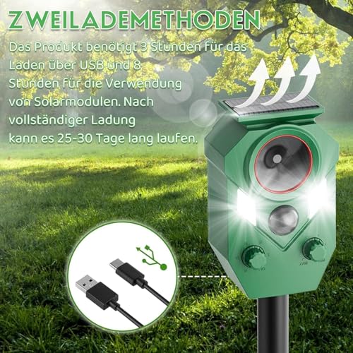 Ultrasonic Solar Cat Repeller Garden with Motion Sensor & 5 Modes, Cat Repellent and Marten Deterrent, IP65 Waterproof Against Cats, Martens, Birds and Voles
