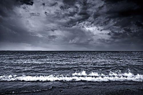Nature Poster Canvas Art Print (35x24inch) - Sea waves surf foam black and white