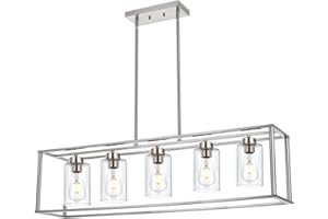BONLICHT 5 Light Farmhouse Chandeliers Brushed Nickel Rectangle Modern Light Fixtures Ceiling Hanging,Ding Room Pendant Lighting with Clear Glass Shade for Kitchen Island Pool Table Foyer Living Room