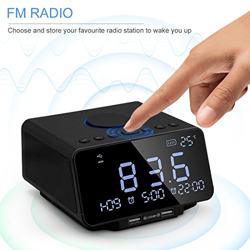 Digital Alarm Clock with Snooze and Battery Backup, FM Radio Dual USB Charging Bluetooth Speaker Aux Line-in for Bedrooms Kids Home Hotel Office (Black)