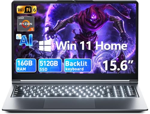 MELIUNA 15.6 Inch Laptop, AI Software Windows 11 Laptops with 16GB RAM 512GB SSD, AMD Ryzen 5 Processor, Backlit Keyboard, 180° Viewing, Full-Featured Type-C, for Business Student Notebook(Gray)