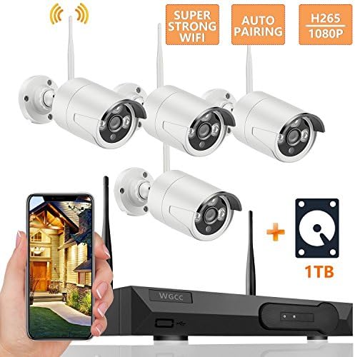 WGCC Camera Cctv System 4 Channel 1080P Super Wifi Nvr 1Tb Hdd Security Camera Kits With 3.6Mm Lens Ip66 Weatherproof Ir 25M Bullet Camera