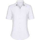 siliteelon Short Sleeve Button Dress Shirts for Women Cotton Button Down Shirts for Women Slim Fit Blouse Top 3/4 Sleeve
