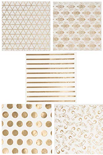 Gold Cocktail Napkins, 100 Pack 3-Ply Disposable Paper Napkins Party Supplies Folded 5 x 5 Inches in 5 Assorted Designs Perfect for Wedding, Birthdays, Baby Shower