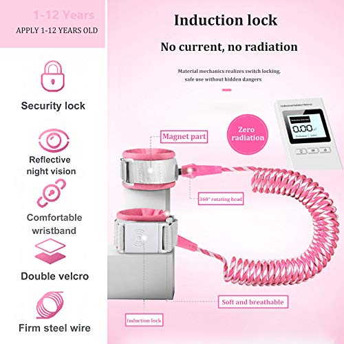 Anti Lost Wrist Link with Induction Lock，Night Reflective Toddler Safety Harnesses Leashes，Babies & Kids (Pink) - Thumbnail 2