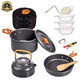 Overmont Ultralight Camping Cookware Set Camping Stove Outdoor Cooking Mess Kit Pots Pans Camp Kettle Portable for Backpacking Hiking Trekking Picnic Fishing Mountaineering (Renewed)