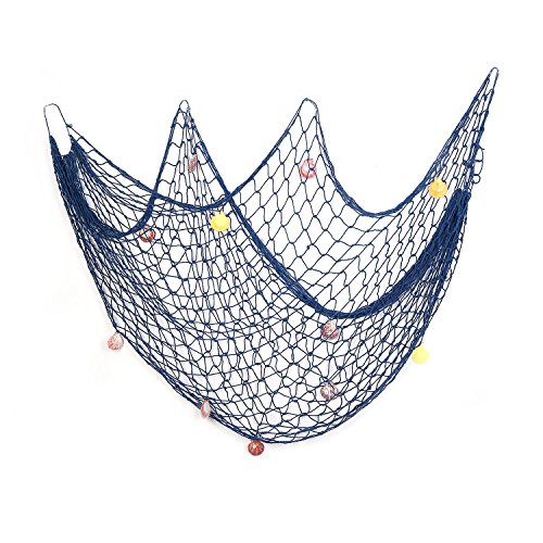 Decorative Fish Net Blue Yagote Mediterranean Style Nautical Decorative Fishing Net with Shells for Home Party Room Decoration 1.5 X 2meter Blue