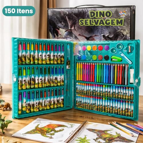 Maleta de Pintura Infantil 150 Itens Dinossauro Desenho Arte Material Escolar Presente para Crianças Dino