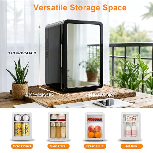 VANZBON Mini Fridge, Mini Compact Refrigerator with Gaming Light, 4 Liter/6 Cans Small Refrigerator with Mirror Door, AC/DC Portable Mini Cooler and Warmer Fridge for Bedroom, Car and Gaming Room