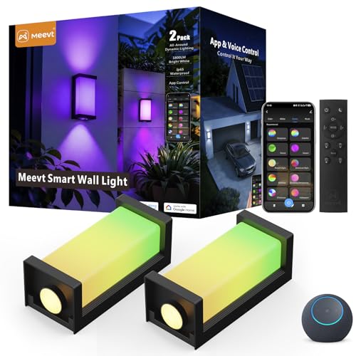 MMEEVT Outdoor Wall Light 1800Lm, IP65 RGBCW Wall Lamp (2 Piece) | Three Side Lighting Smart Led Indoor Lighting with Alexa and Google Assistant for Entrance Garage Porch