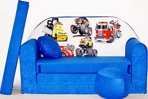 Pro Cosmo C14 Kids Sofa Bed with Pouffe/Footstool/Pillow, cotton, Blue, 168 x 98 x 60 cm