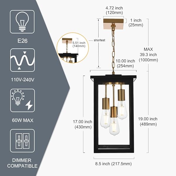 TODOLUZ OUTDOOR PENDANT LIGHT FIXTURES, 3-LIGHTS EXTERIOR HANGING LANTERN, BLACK LARGE OUTDOOR HANGING PORCH LIGHT WITH CLEAR GLASS SHADE