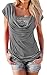 Makkrom Women's Sequin Stitching Cowl Neck T Shirt Tops Two Pieces Grey
