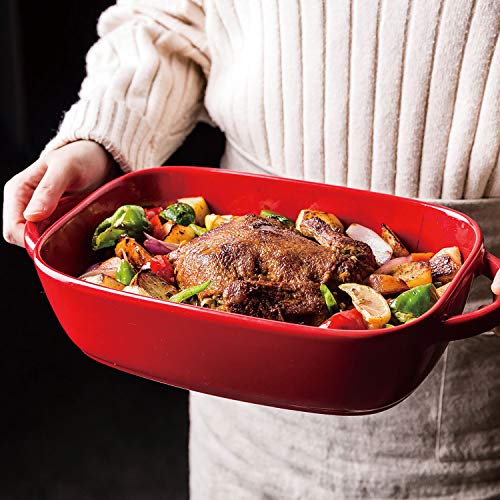 13.3-Inch Ceramic Glaze Baking Dish for Oven Roasting Lasagna Pan Large Casserole Bakeware with Handle Rectangular Dish, Red