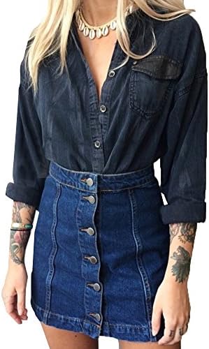 Women's High Waist Single-Breasted Blue Vintage Button A Line Denim Jean Skirt