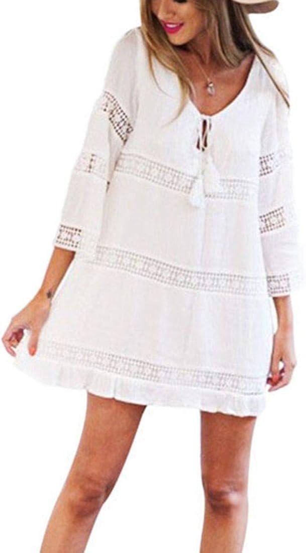 Women Dress 3/4 Sleeve V-Neck Summer Boho Solid Color Beach Short Mini Dress