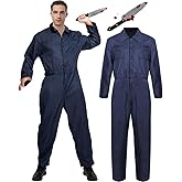 Adult Scary Halloween Costume Creepy Killer Jumpsuit Coveralls with Bloody Knife Toy Halloween Cosplay Outfit for Men