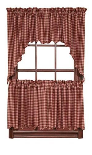 Amazon Com Burgundy Check Scalloped 24 Inch Curtain Tiers By