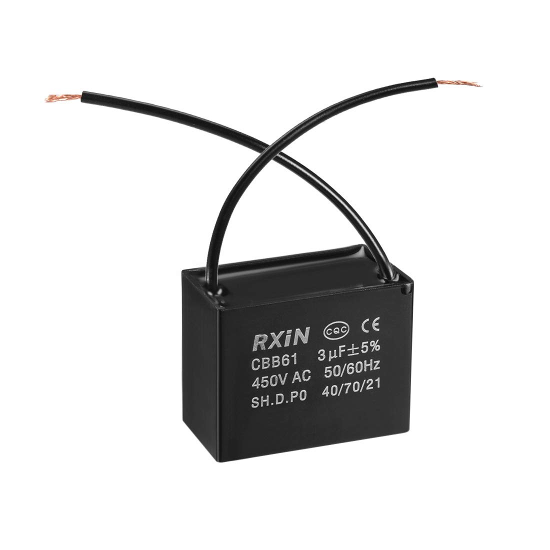 sourcing map Ceiling Fan Capacitor CBB61 3uF 450V AC 2 Wires Metalized Polypropylene Film Capacitors 38x20x30mm for Water Pump Motor Generator