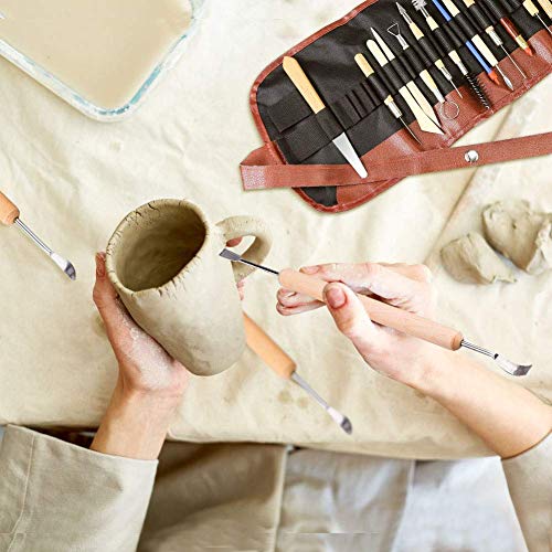 INTSUN 30 Pack Pottery Clay Sculpting Tools Ceramic Clay Tools Set Made of Durable Wood & Stainless Steel with Rolled-up Canvas Pouch for Polymer Clay Pottery Ceramic Art Craft