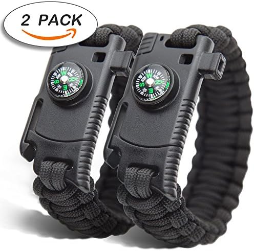 Survival Bracelet, Paracord Bracelet,2 Pack Outdoors Survival Paracord Bracelet With Compass Fire Starter And Whistle Emergency Survival Kit Easymoo (Black + Black)