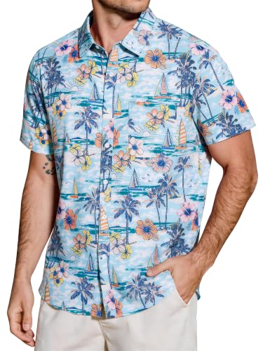 JEMLDL Men's Hawaiian Button Down Shirt Light Blue Sailboat Floral Medium at Amazon