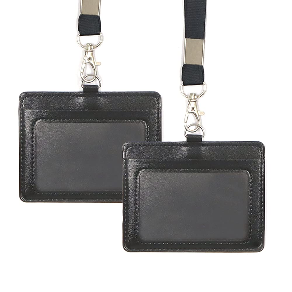 2 Piece 4.1x3.3inch Double Sided PU ID Badge Holder, ID Card Holder with Neck Strap Lanyard, Horizontal Genuine Leather ID Card, Leather Name Card Holder for School Office