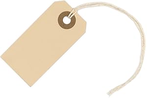 EZDOM 100 Small Manila Paper Tags with String - #1, 2 3/4” x 1 3/8” - Hang Shipping Labels with String Attached and Reinforced Hole, Pre-Strung Tags