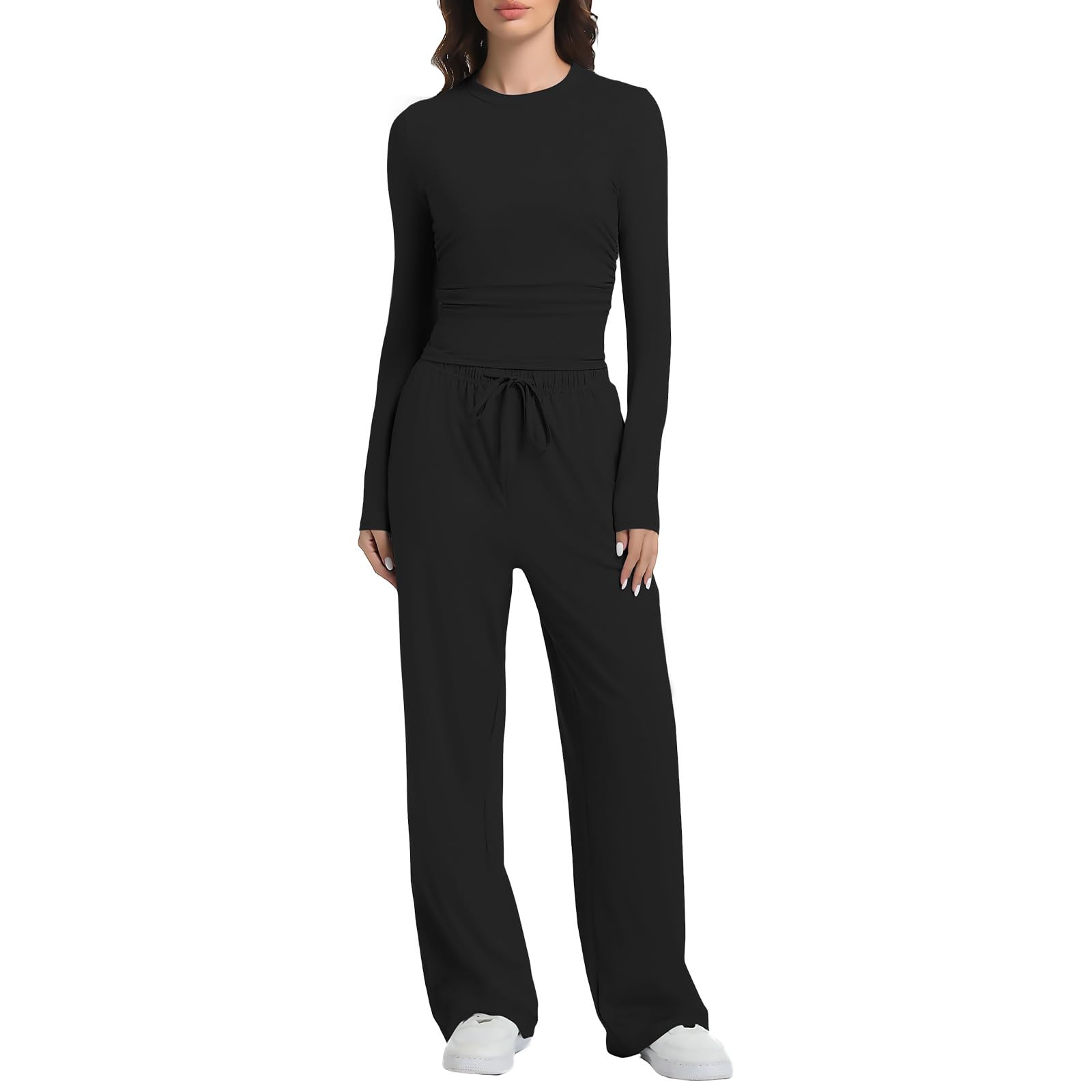 Photo 1 of 2 Piece Lounge Sets for Women Fall Outfits Long Sleeve Wide Leg Tracksuits Womens Two Pcs Casual Matching Loungewear Set (Black, X-Small)