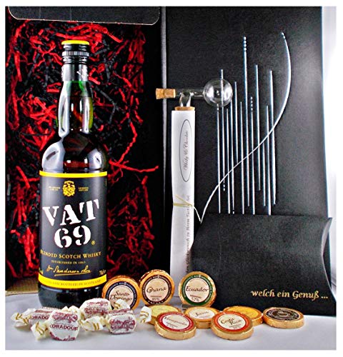 Geschenk VAT 69 Scotch Whisky + Glaskugelportionierer + Edelschokolade + Whiskey Fudge