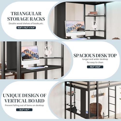 CHAGEE Hogar y Cocina Litera Matrimonial con Escritorio Incorporado | Cama Alta de Metal Sólido para Adultos y Niños | 2 Escaleras Integradas y Barandilla de Seguridad | Estructura Antiruido