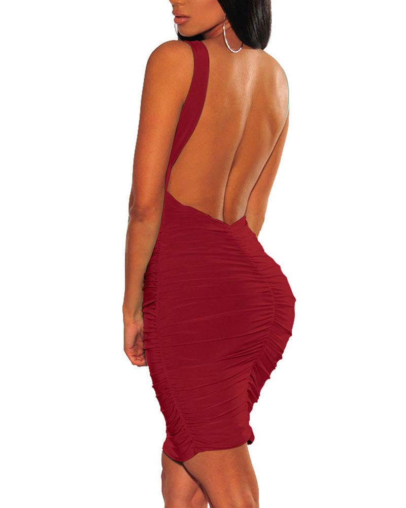 Ophestin Womens Ruched Dress Backless Sleeveless - Sexy Stretchy Bodycon Mini Club Dress Wine Red
