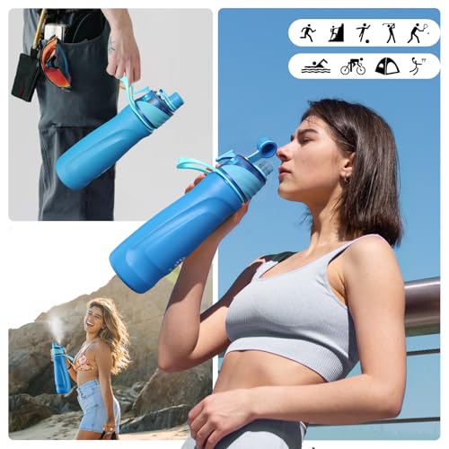 magcheer 750ml Insulated Metal Spray Water Bottle | Stainless Steel Water Bottle with Spray Mist | Leakproof Misting Drinking Bottle for Cycling Hiking Outdoor Sport Hydration Cooling(Blue)