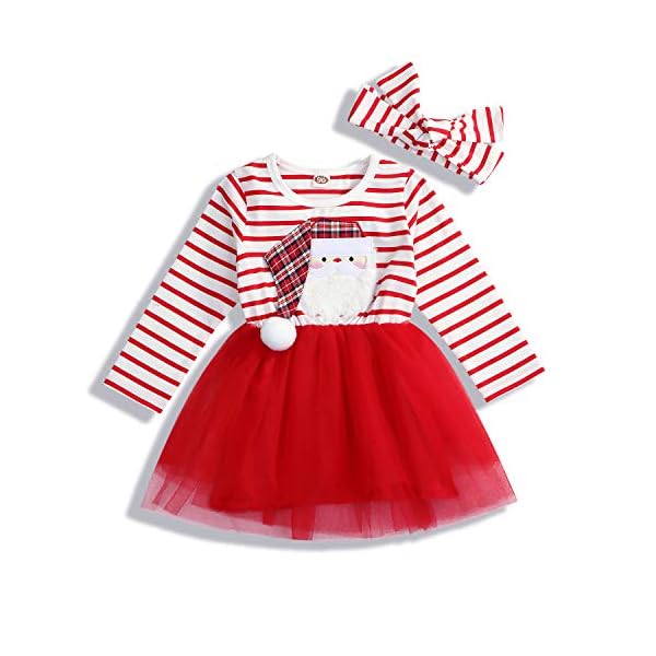 Baby Girl Christmas Outfit Toddlers Kids Santa Print Tutu Tulle Dress Long Sleeve Striped T-Shirt Dress