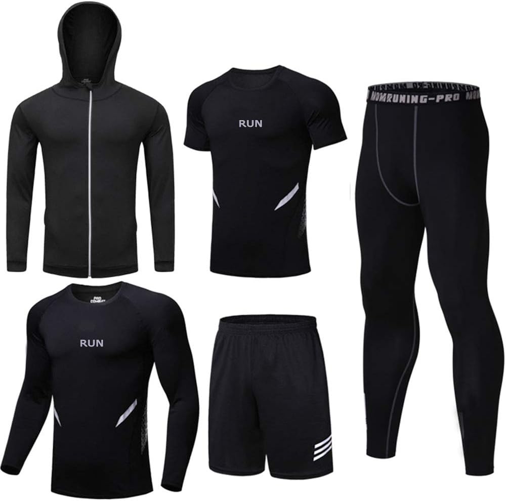 BUYJYA 5Pcs Men's Compression Pants Shirt Top Long Sleeve Jacket Set Suit at  Men’s Clothing store