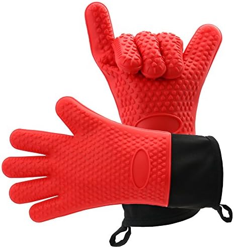 Silicone Cooking Gloves，Insulated waterproof/oil Heat Resistant Oven Gloves for BBQ，Grill，Baking，Best Kitchen Safety (Red)