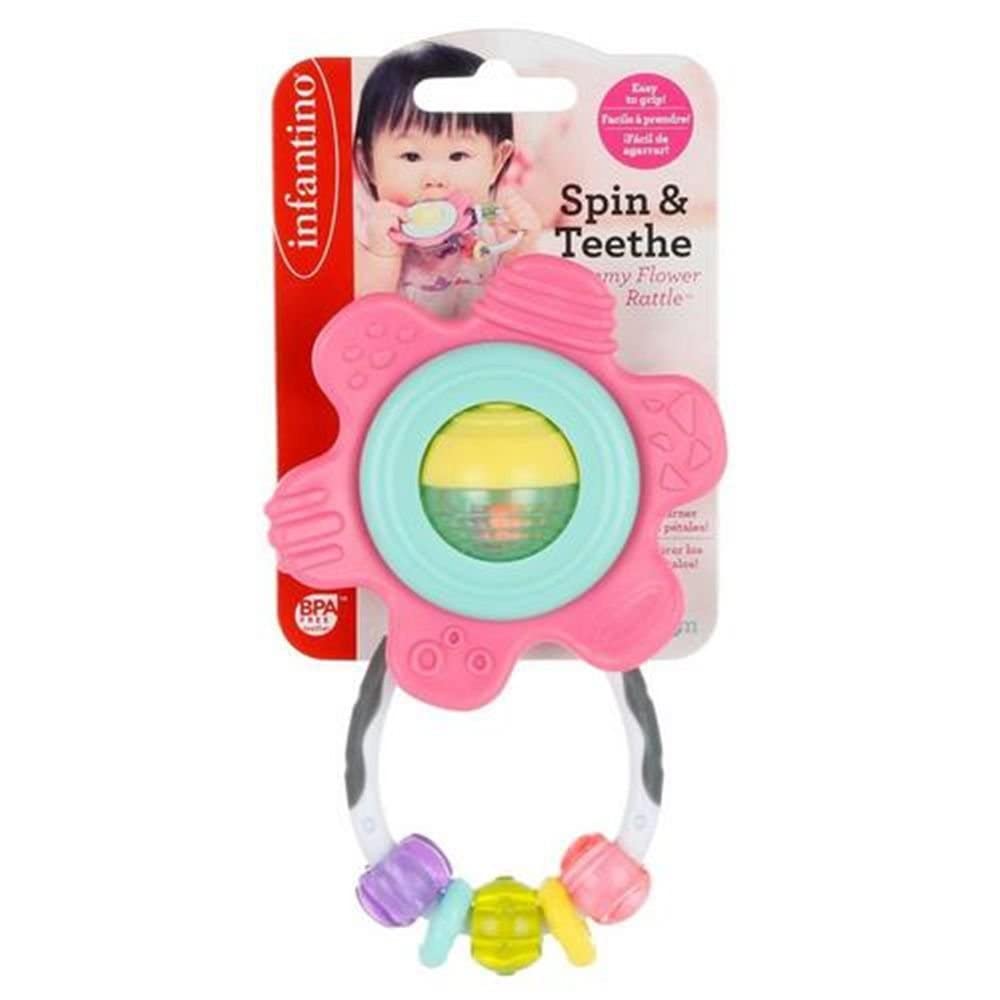 Infantino Spin & Teethe Gummy Yellow Flower Rattle - Easy to Grab, Chewy Rings, Multi-Texutre Petals, Roller Ball Center - Teething & Sensory Play, Ages 0 Months +