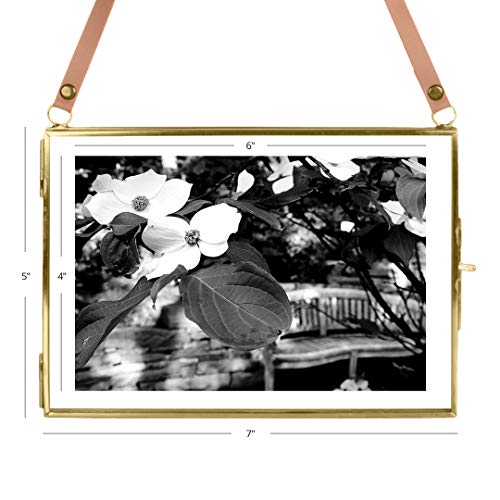 Koyal Wholesale Gallery Wall Frames, Leather Strap Gold Metal Pressed Glass Floating Hanging Photo Frames, 8 Pack, 4 Vertical 4 Horizontal 5 x 7 Picture Frames for Wall Collage, Decorative Wall