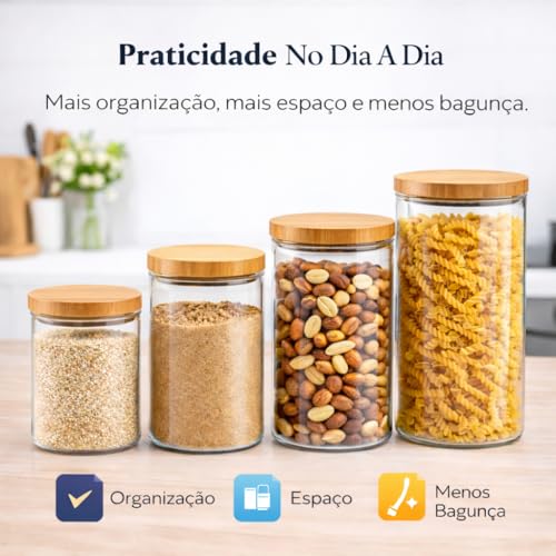 Potes Hermeticos de Vidro Kit 4 Peças Porta Mantimentos Tampa de Bambu Organizadores de Cozinha 300ml 700ml 1300ml 2200ml Armazenamento de Grãos Café Massas Açúcar Bancada Elegante