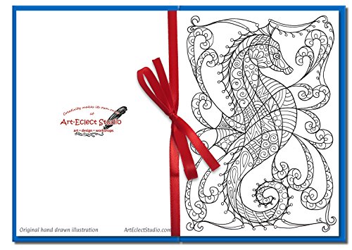 Under the Sea Coloring Greeting Cards for Adults | Birthdays or Thank You Cards | 12 Unique A6 Designs | Blue Envelopes Included
