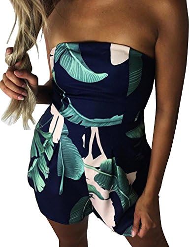 Yuandy Women Off Shoulder Jumpsuit Strapless Floral Print Striped Beach Shorts Rompers
