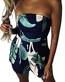 Yuandy Women Off Shoulder Jumpsuit Strapless Floral Print Striped Beach Shorts Rompers