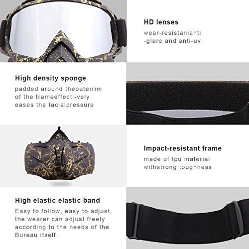 FOONEE Motorcycle Helmet Mask, Retro Motocross Goggle with Removable Face Mask UV400 Detachable Fog-Proof Warm ATC Goggles for Racing Airsoft Riding - Thumbnail 3