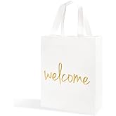 Crisky Reusable White Gold Welcome Gift Bags for Wedding Birthday Parties, 25 Counts Medium Size Eco-Friendly Non-Woven for Guests, 11 x4 x9 Inches