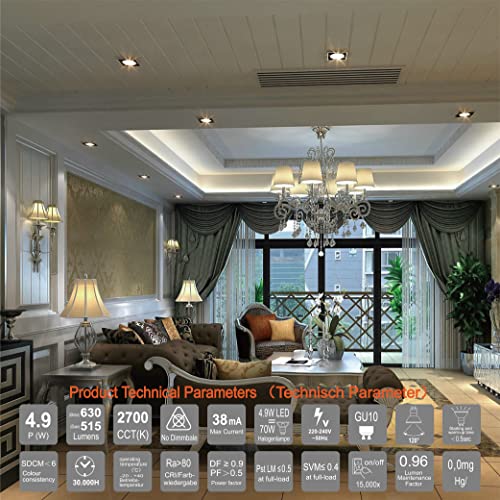EACLL GU10 LED, Warm White, 4.9 W, Replaces 70 W Halogen Bulbs, Pack of 4, 515 Lumens 2700K Bulbs, AC 230 V, Flicker-Free Spotlight, Beam Angle 120°, Non-Dimmable Reflector Lamps