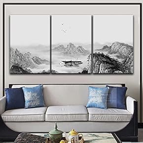 3 Panel Canvas Wall Art - Chinese Ink Painting Style Mountain and River and a Boat - Giclee Print Gallery Wrap Modern Home Art Ready to Hang - 16"x24" x 3 Panels