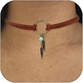 HUASAI Boho Necklaces Western Jewelry for Women Layered Leather Choker Necklace Western Outfit for Women Bohemian Suede Turquoise Necklaces