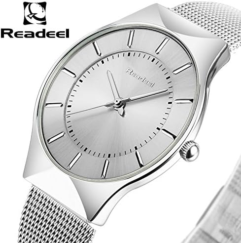 READEEL Men's Business Analog Watch, Business Casual Quartz Watch Luxury Stainless Steel Mesh Strap Ultra Thin Waterproof Clock and Sapphire Glass(Silver)