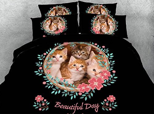 3D Printed Flower Cats Black Bedding Sets Duvet Covers Pillow Shams Bedspreads Twin Full Queen King Size Fabric Cotton Bedclothes (Cal King)